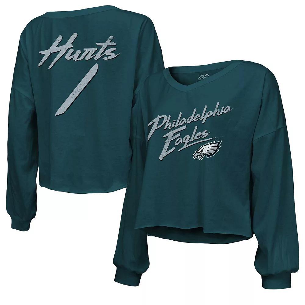 Women's Majestic Threads Jalen Hurts Midnight Green Philadelphia Eagles Name & Number Off-Shoulder Script Cropped Long Sleeve V-Neck T-Shirt, Size: 2XL Product Image