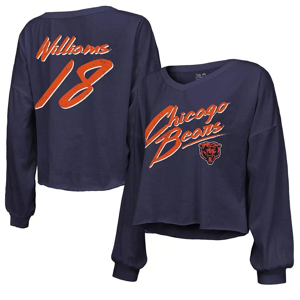 Women's Majestic Threads Caleb Williams Navy Chicago Bears Name & Number Off-Shoulder Script Cropped Long Sleeve V-Neck T-Shirt, Size: XL, Blue Product Image