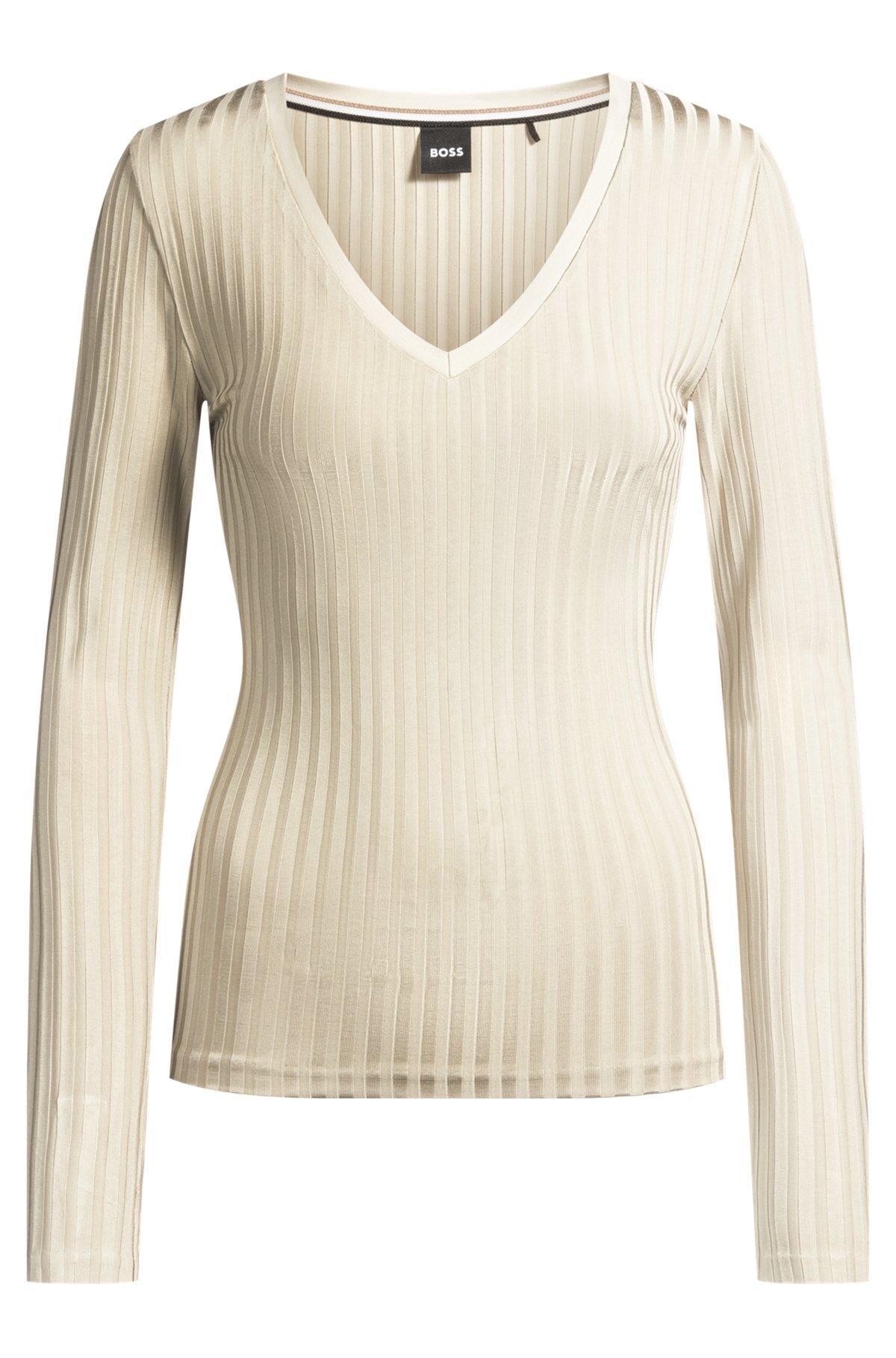 BOSS - Long-sleeved V-neck top in lustrous ribbed jersey - White Product Image