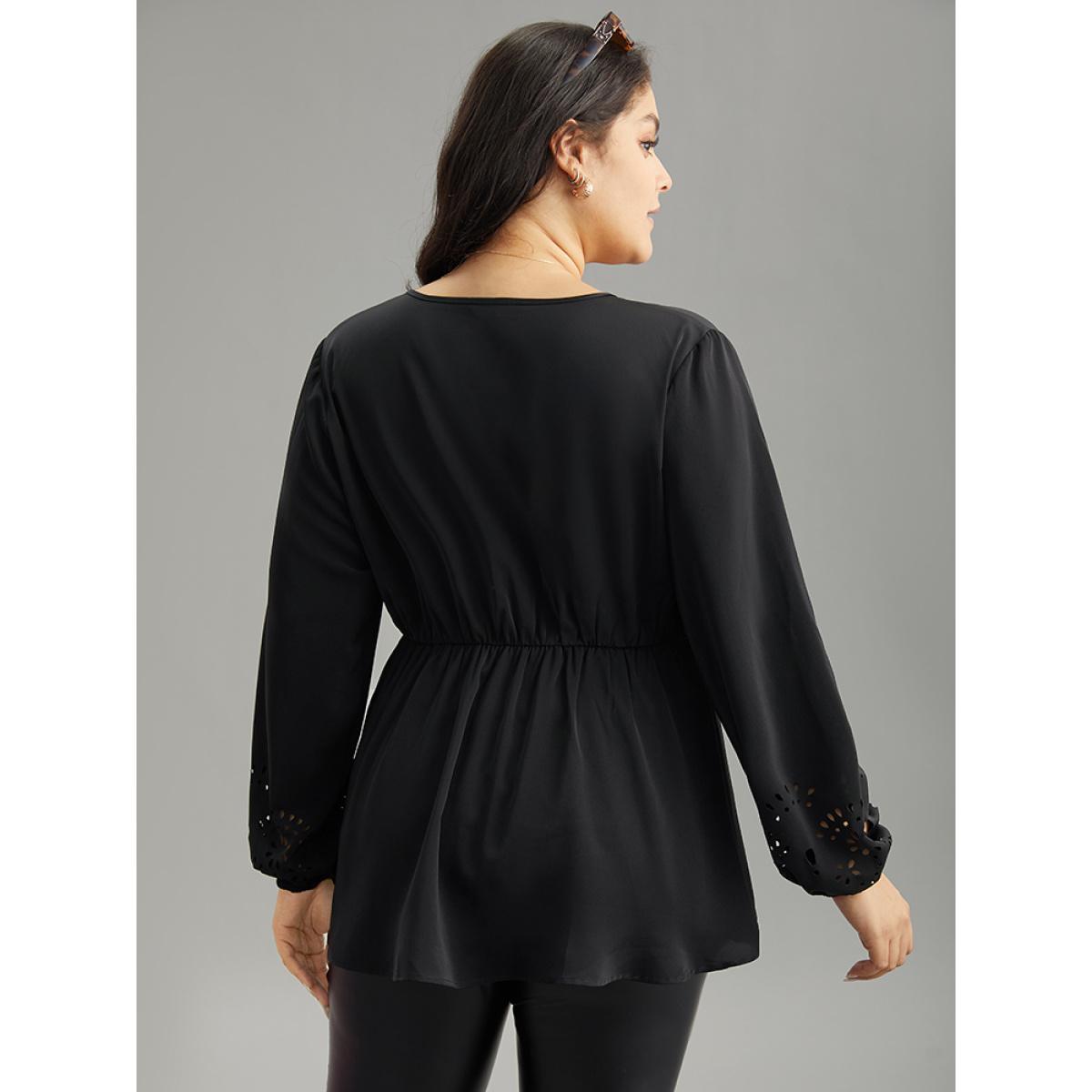 Plus Size Black Plain Elastic Waist Buckle Detail Wrap Blouse Women Office Long Sleeve V-neck Work Blouses BloomChic 10/M Product Image