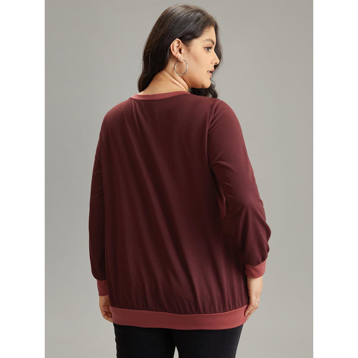 Plus Size Contrast Patchwork Stitch Detail Elastic Cuffs Sweatshirt Women Maroon Casual Plain Round Neck Dailywear Sweatshirts BloomChic 14-16/1X Product Image