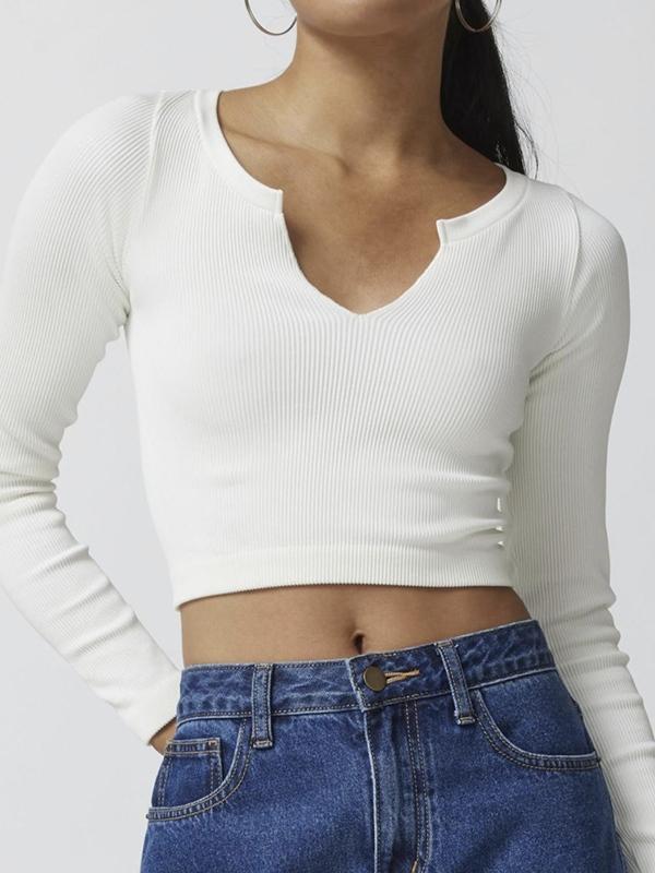 Solid Notched Neck Ribbed Cropped Long Sleeve Knit Product Image