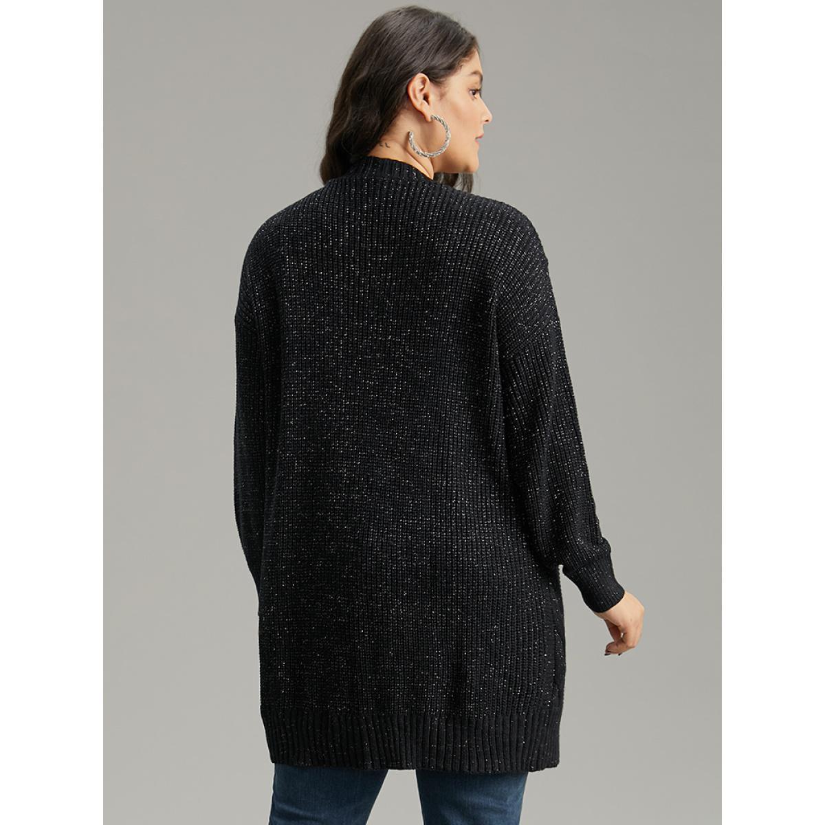 Plus Size Lurex Cable Knit Drop Shoulder Cardigan Black Women Casual Loose Long Sleeve Dailywear Cardigans BloomChic 26/4X Product Image