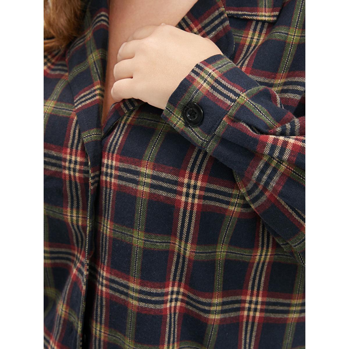 Plus Size Plaid Pocket Button Through Pajama Set Women DarkBlue Plaid Button Long Sleeve Shirt collar Casual Loungewear Sets BloomChic 12/L Product Image