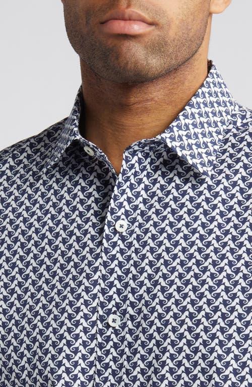 BUGATCHI Orson Seahorse Print Short Sleeve Stretch Cotton Button-up Shirt In Navy Product Image