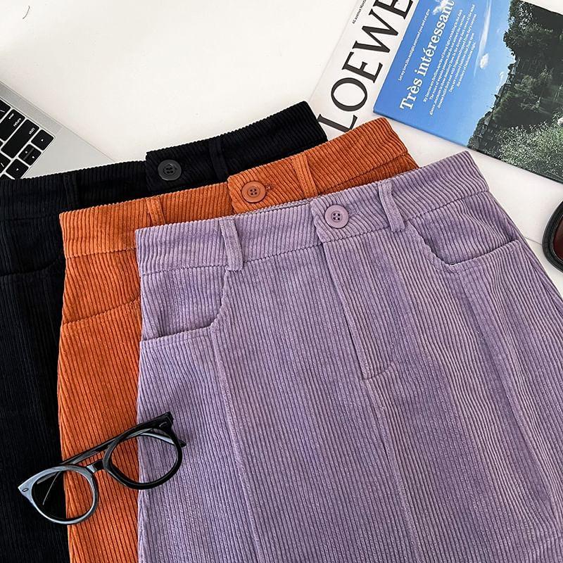 High Waist Plain Corduroy Mini A-Line Skirt Product Image