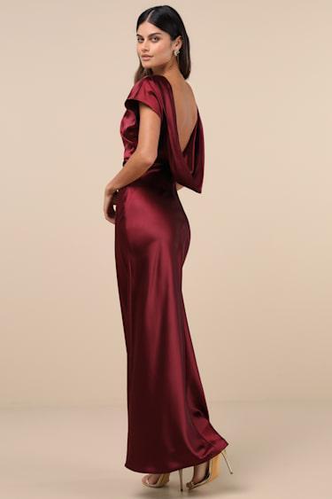 Captivating Presence Wine Red Satin Cowl Back Maxi Dress Product Image