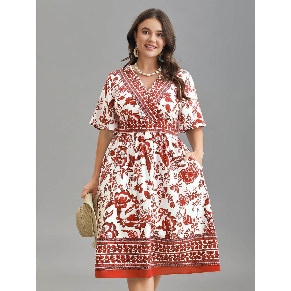 Plus Size Floral Print Wrap-Neck Pocket Midi Dress Rust Women Resort Non Overlap Collar Short sleeve Curvy BloomChic 30/6X Product Image