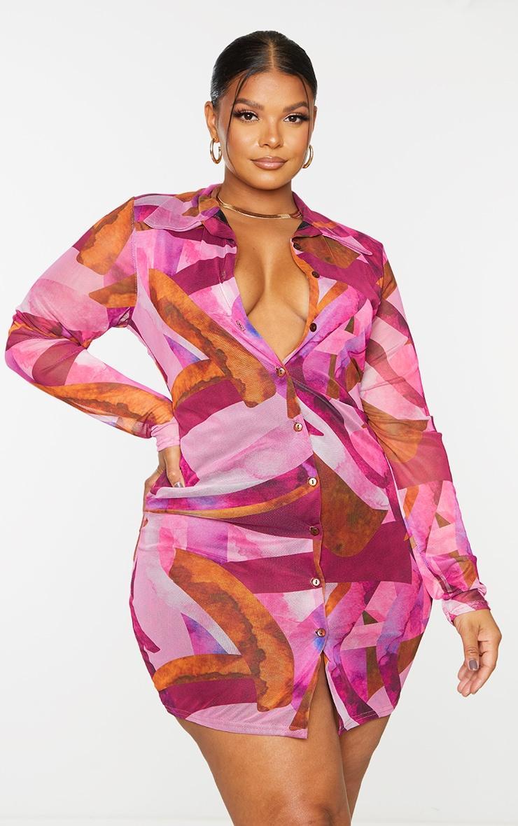Plus Pink Abstract Mesh Button Down Shirt Dress Product Image