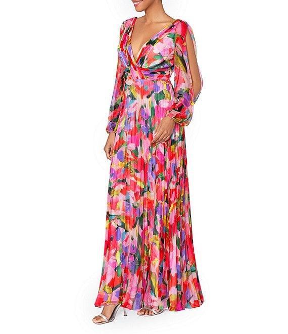 Betsy & Adam Floral V-Neck Long Sleeve Pleated Gown Product Image