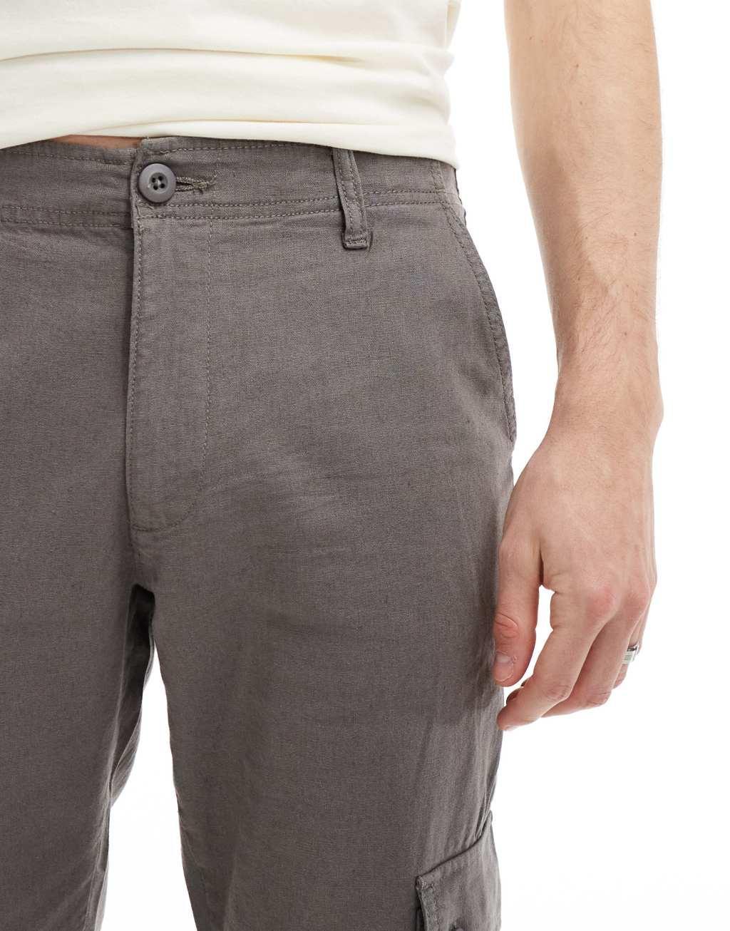 ASOS DESIGN tapered cargo linen mix pants in washed charcoal Product Image