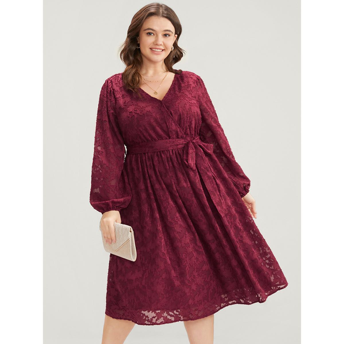 Plus Size Floral Pocket Lantern Sleeve Belted Surplice Neck Dress Scarlet Women Glamour Belted V-neck Long Sleeve Curvy Midi Dress BloomChic 26/4X Product Image