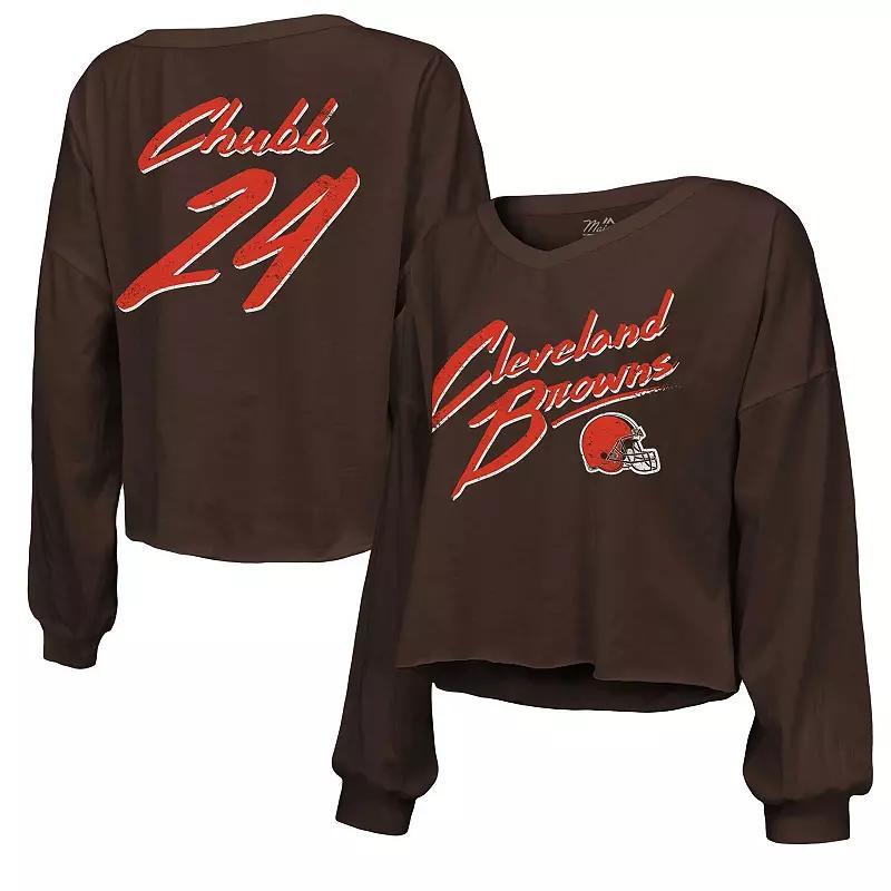 Womens Majestic Threads Nick Chubb Cleveland s Name & Number Off-Shoulder Script Cropped Long Sleeve V-Neck T-Shirt Product Image
