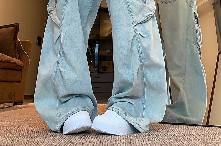 Mid Waist Washed Wide Leg Cargo Jeans Product Image