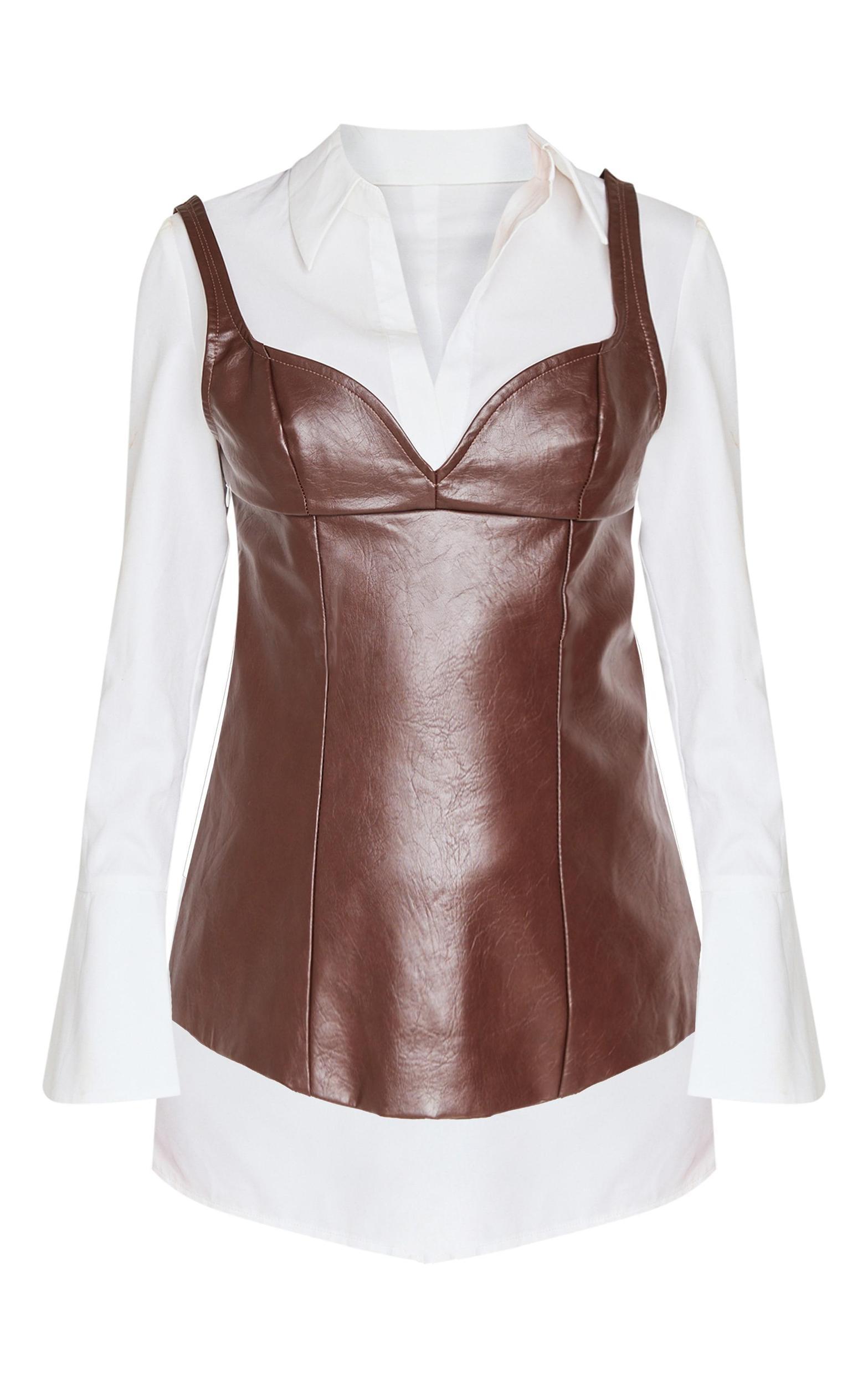  Burgundy Faux Leather Corset Detail Long Sleeve Shirt Dress Product Image