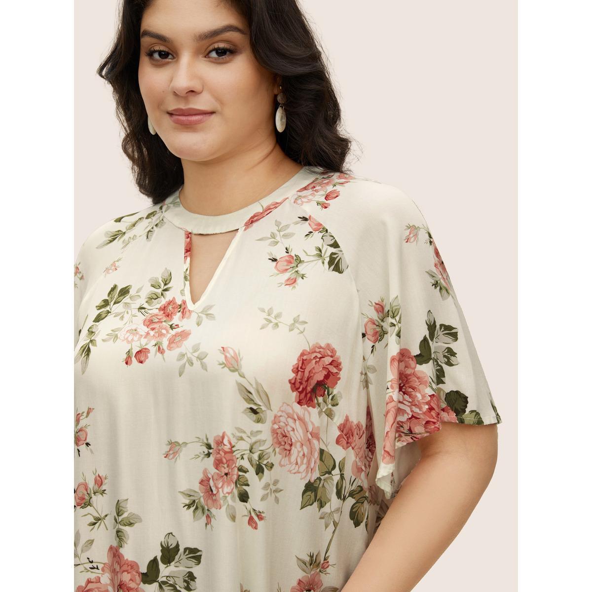 Plus Size Ivory Floral Print Keyhole Flutter Sleeve Blouse Women Elegant Short sleeve Round Neck Everyday Blouses BloomChic 14-16/1X Product Image