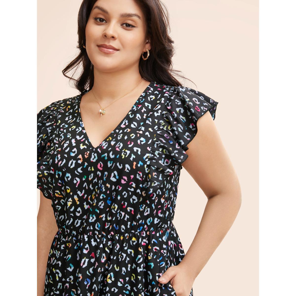 Plus Size Multi-color Leopard Print Elastic Waist Midi Dress Black Women Elegant Ruffles V-neck Cap Sleeve Curvy BloomChic 28/5X Product Image