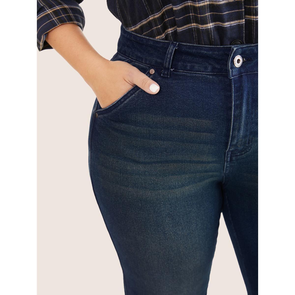 Plus Size Dark Wash Bootcut Slant Pocket Jeans Women Indigo Casual Plain Plain High stretch Pocket Jeans BloomChic 28/5X Product Image