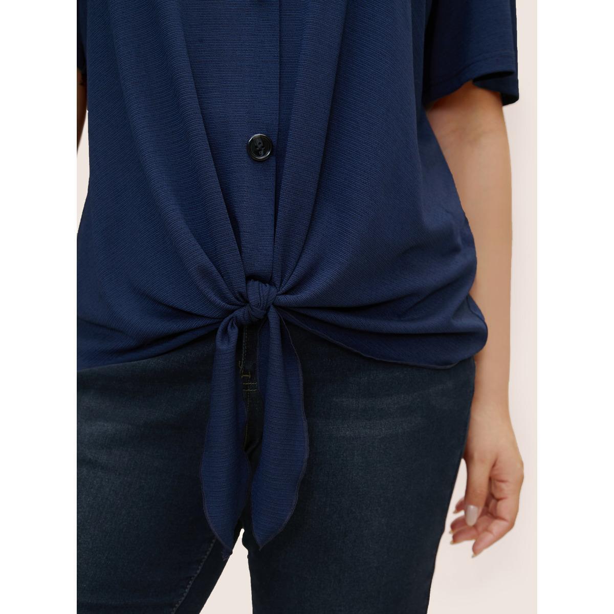 Plus Size Plain Twist Front Button Detail T-shirt Midnight Women Casual Tie knot Plain V-neck Everyday T-shirts BloomChic 30/6X Product Image