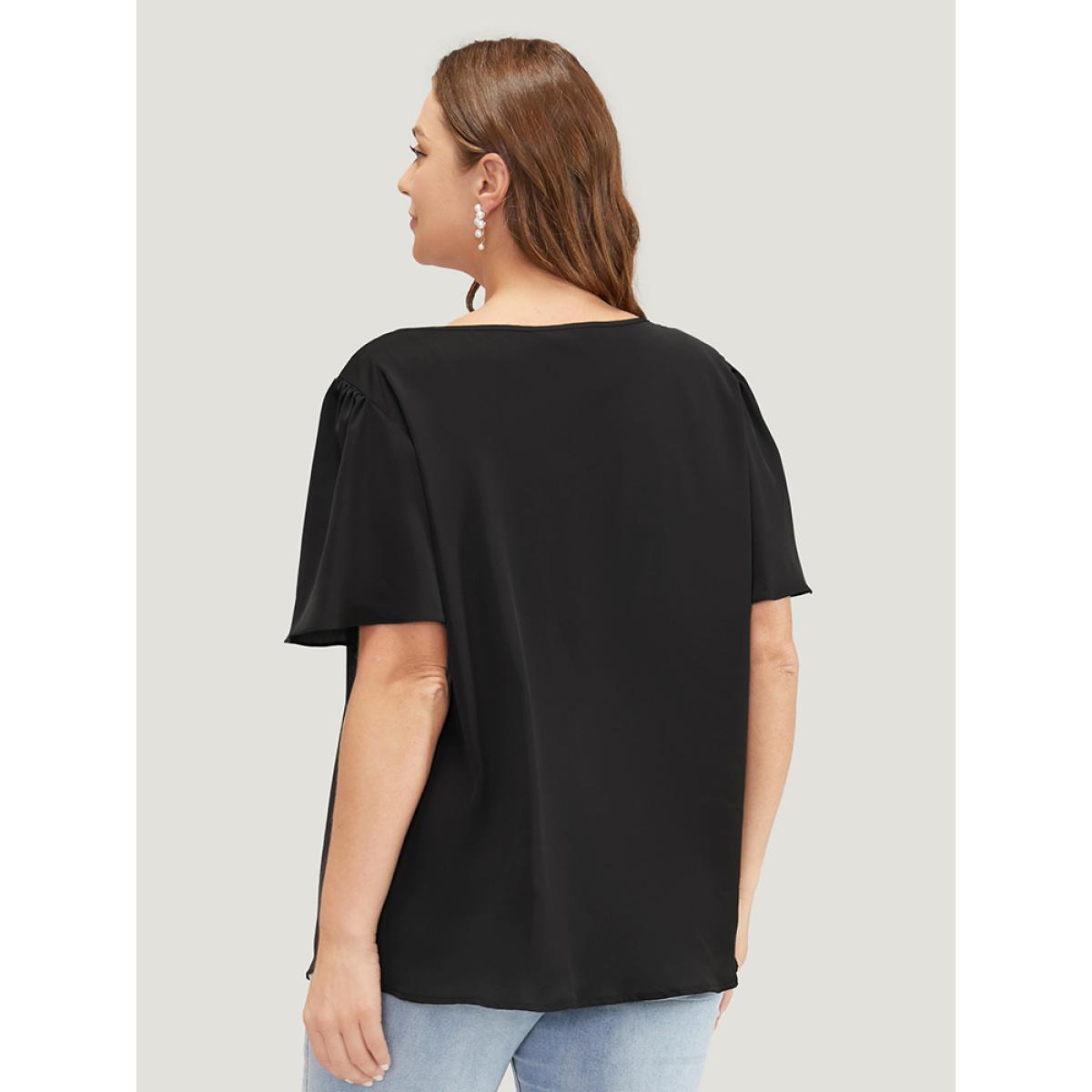 Plus Size Black Solid Crisscross Notched Square Neck Ruffle Sleeve Blouse Women Elegant Short sleeve Notched collar Dailywear Blouses BloomChic 30/6X Product Image