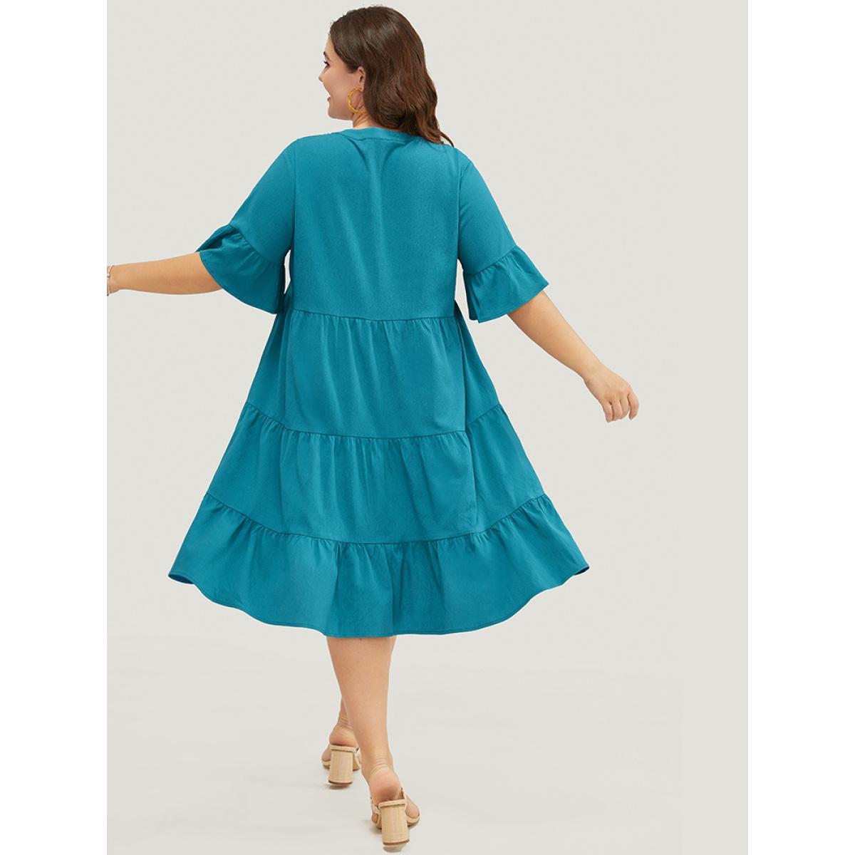 Plus Size Solid Button Detail Pocket Ruffle Tiered Bell Sleeve Midi Dress Cerulean Women Vacation Stand-up collar Half Sleeve Curvy Knee Dress BloomChic 10/M Product Image