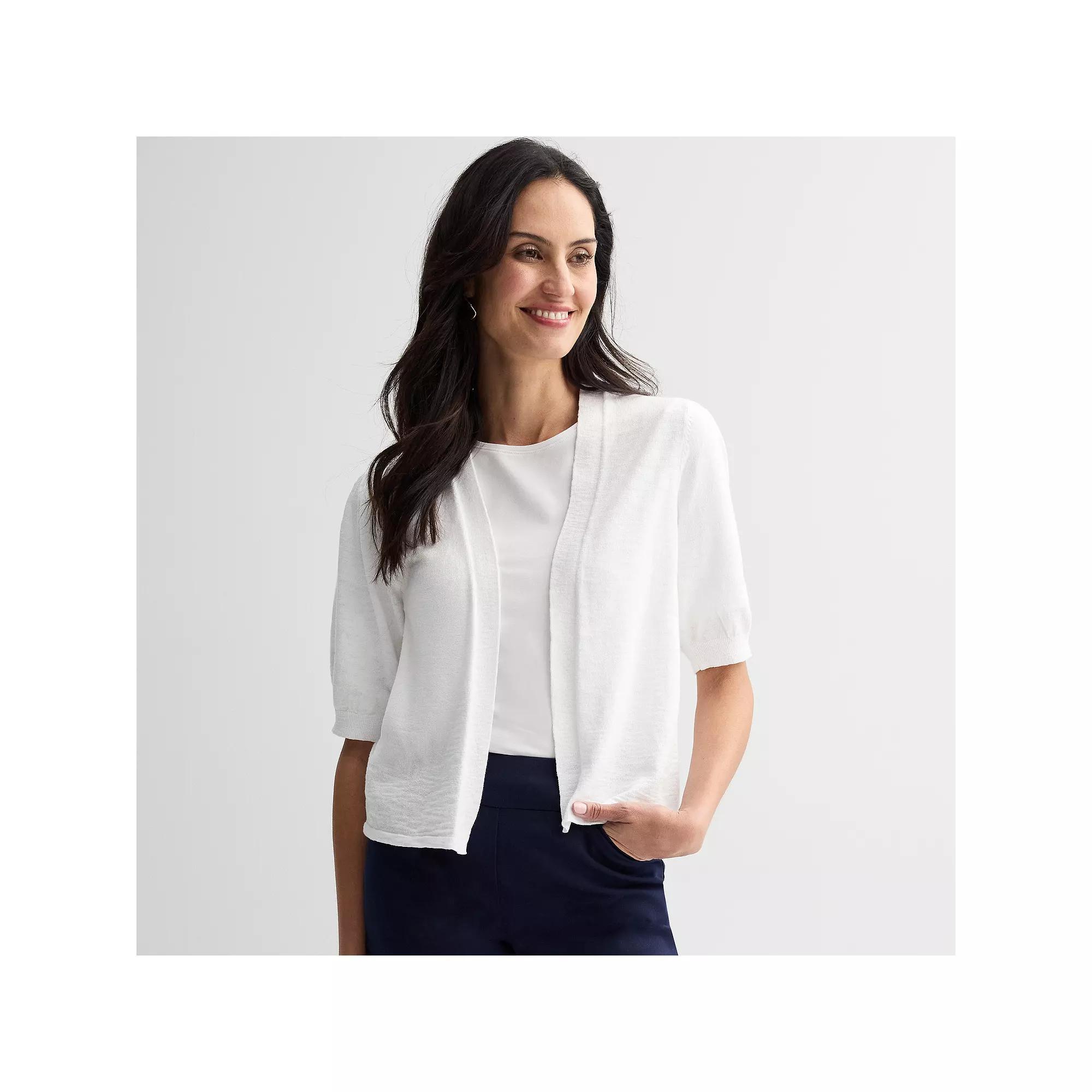 Women's Croft & Barrow® Puff Elbow Sleeve Open Front Cardigan, Size: Small, Bright White Product Image