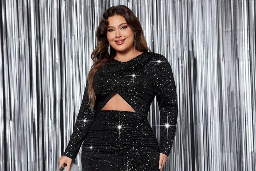 Long Sleeve Round Neck Plain Glitter Cutout Midi Sheath Dress Product Image