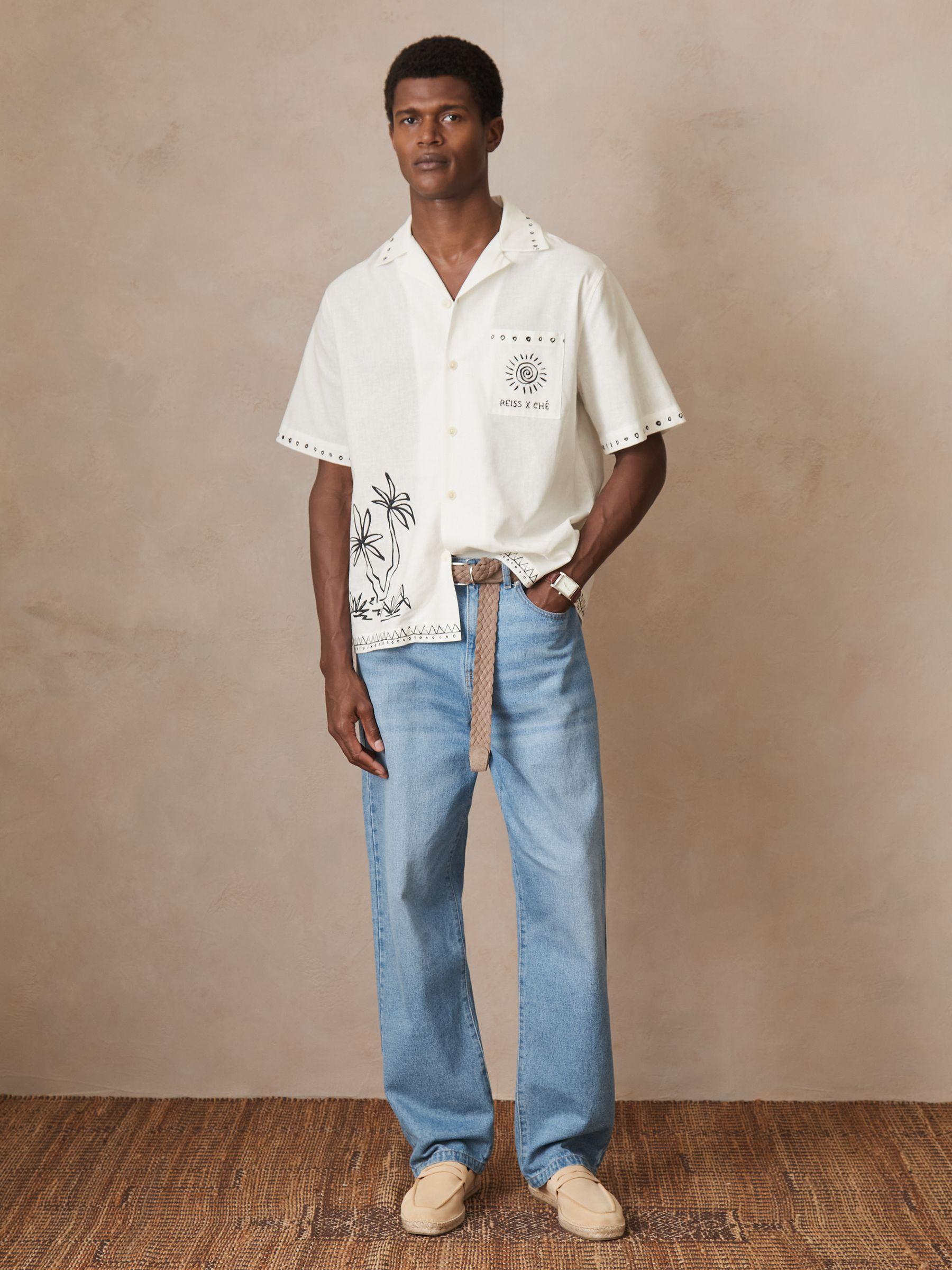 Reiss | Ché Cotton-Linen Palm Shirt in White Product Image