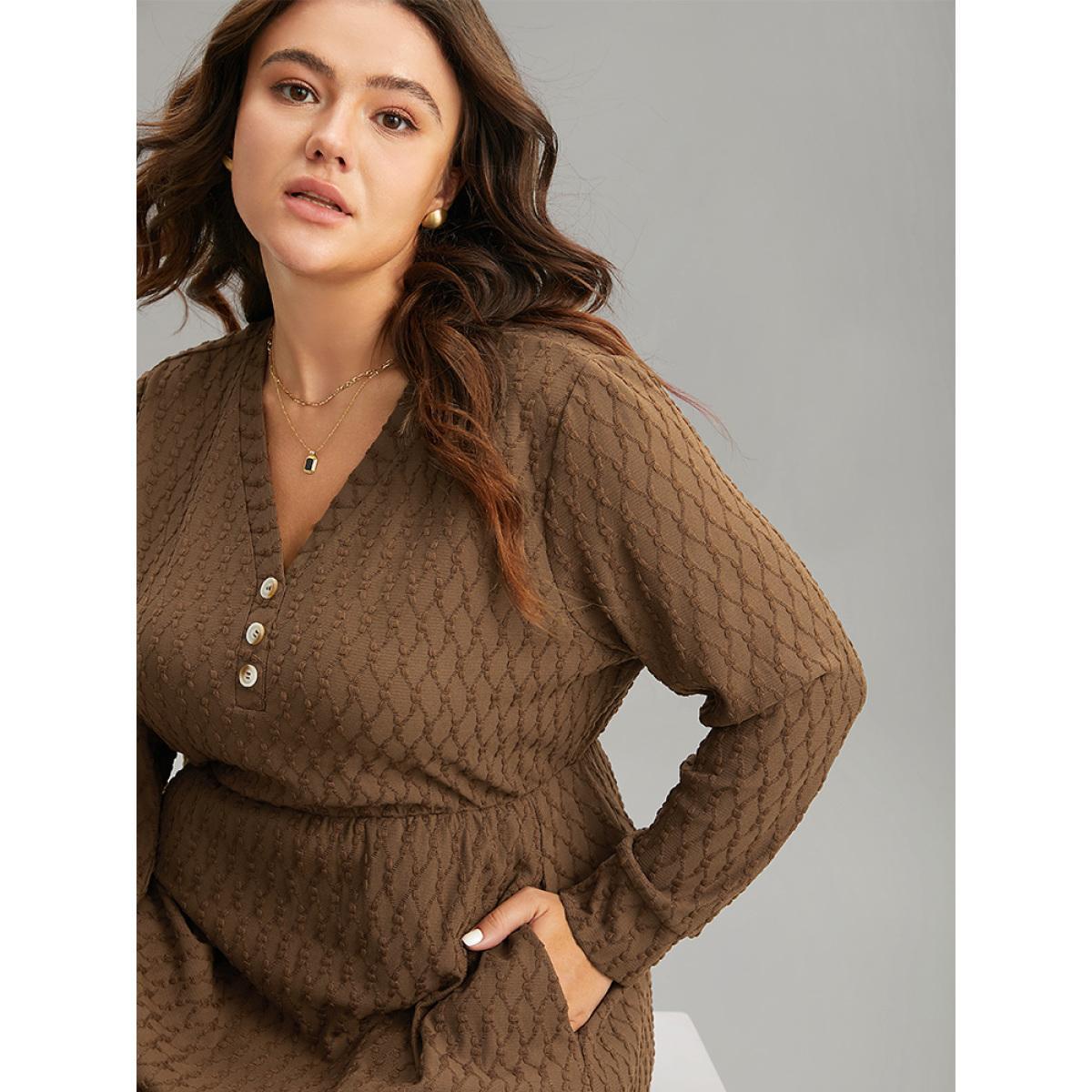 Plus Size Plain Texture Jacquard Button Detail Pocket Dress Chocolate Women Casual Texture V-neck Long Sleeve Curvy Midi Dress BloomChic 30/6X Product Image