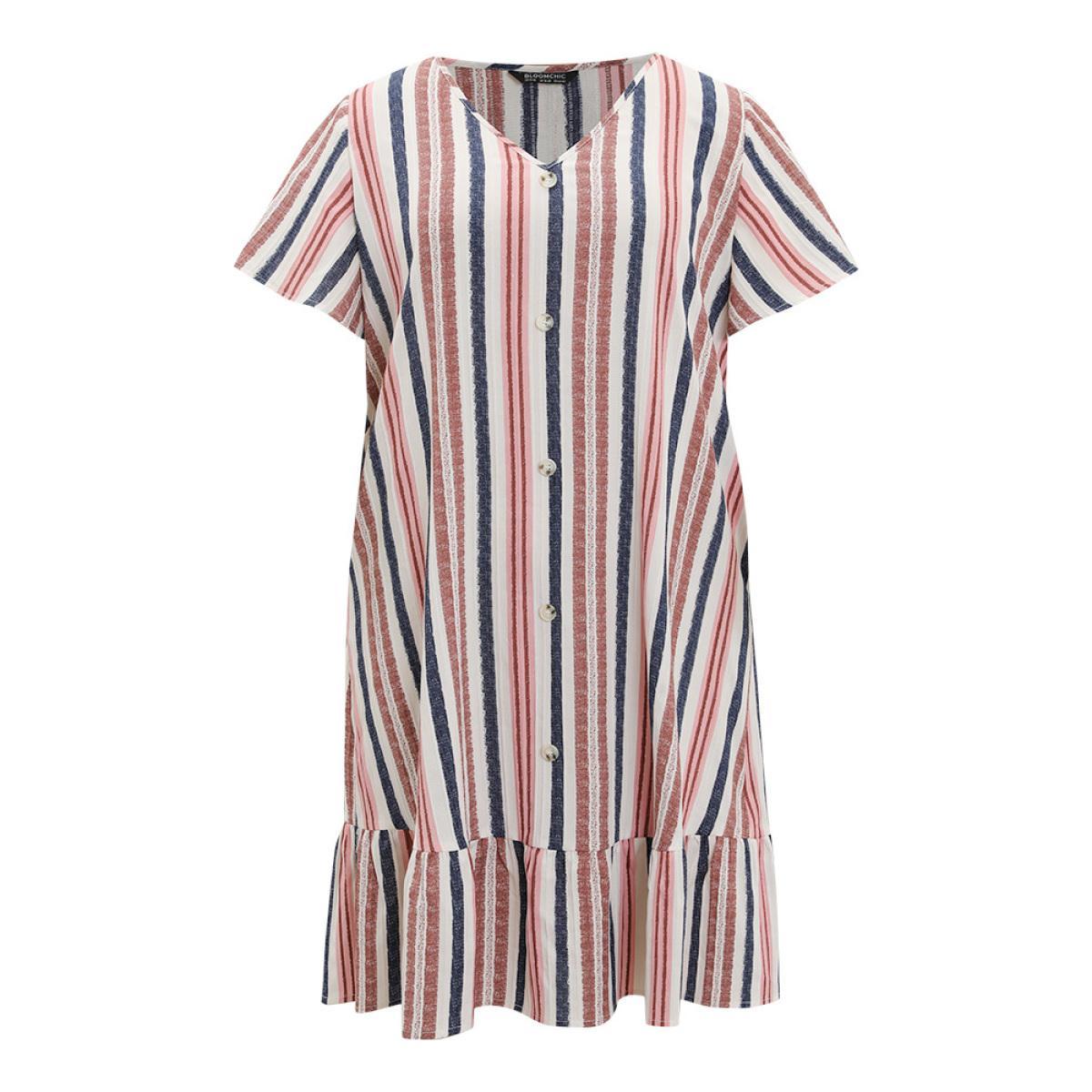 Plus Size Striped Button Detail Pocket Ruffle Hem Dress Multicolor Women Vacation Gathered V-neck Short sleeve Curvy Knee Dress BloomChic 28/5X Product Image