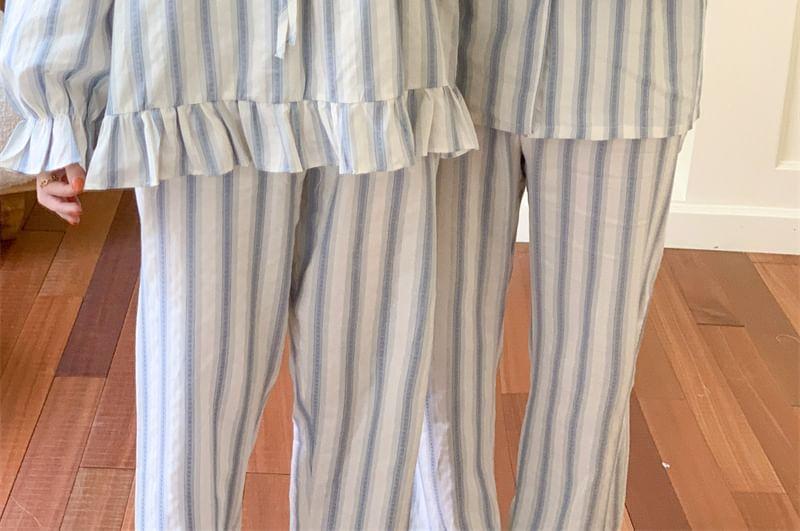 Couple Matching Long-Sleeve Striped Lace Trim Pajama Top / Pajama Dress / Pants / Shirt / Set Product Image