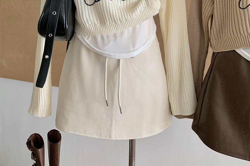 Set: Long-Sleeve Crewneck Lettering Crop Knit Top + Tank Top Product Image
