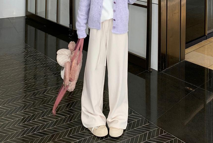 Crew Neck Plain Button-Up Cardigan / Drawstring Waist Corduroy Wide Leg Pants Product Image