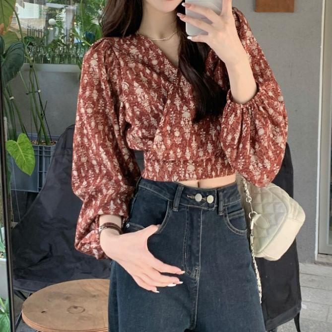 Long Sleeve V-Neck Floral Print Wrap Top Product Image