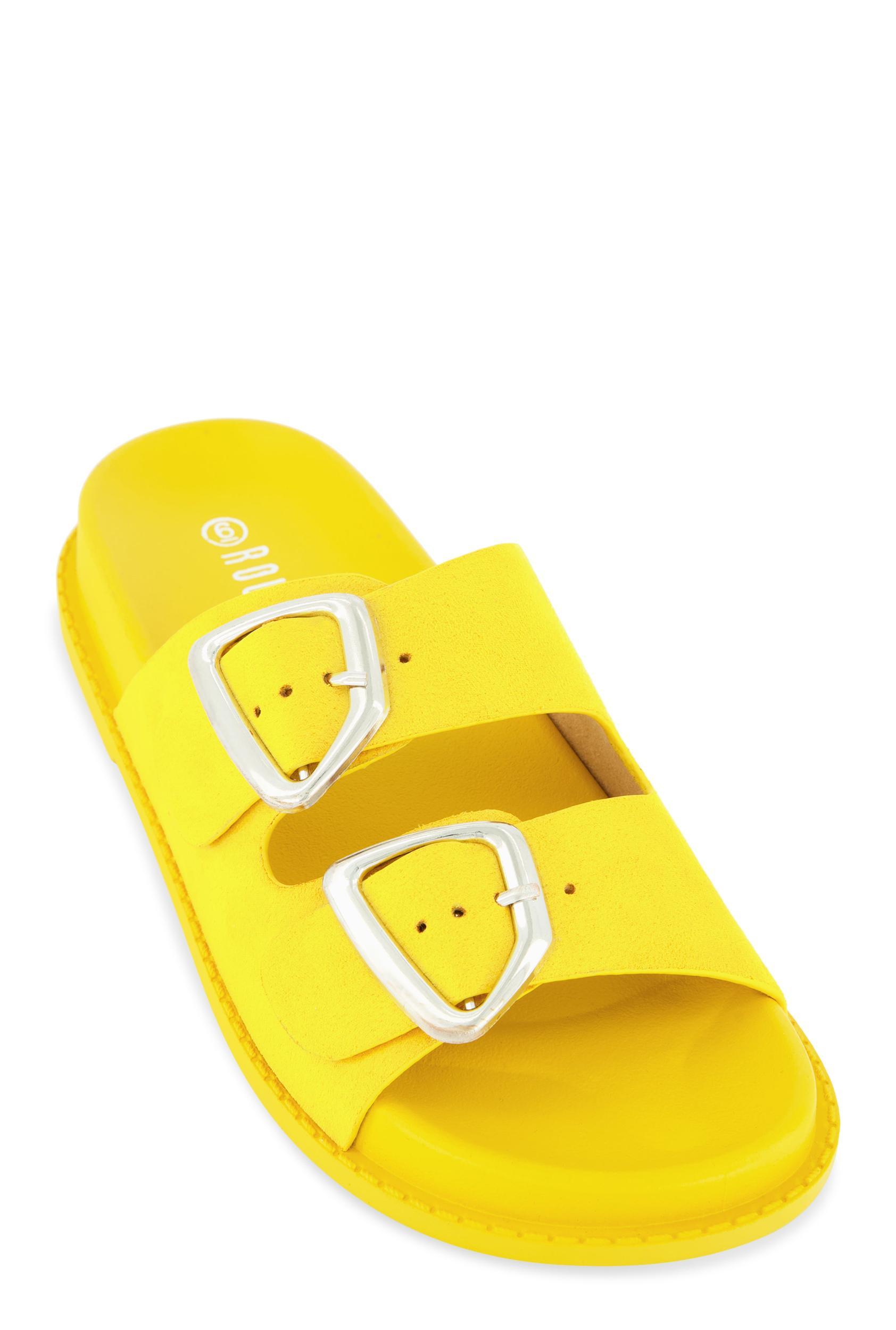 Womens Faux Suede Double Buckle Band Slide Sandals Product Image