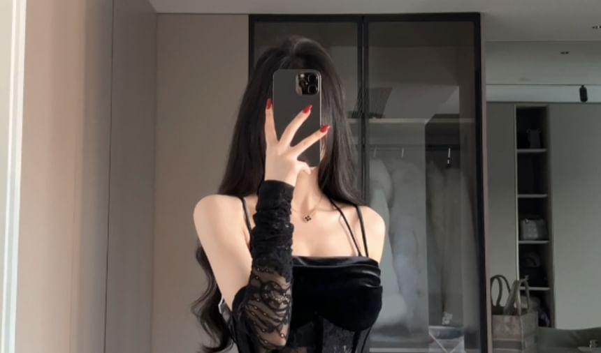 Spaghetti Strap Velvet Panel Lace Bodycon Dress with Arm Sleeves (Various Designs) Product Image