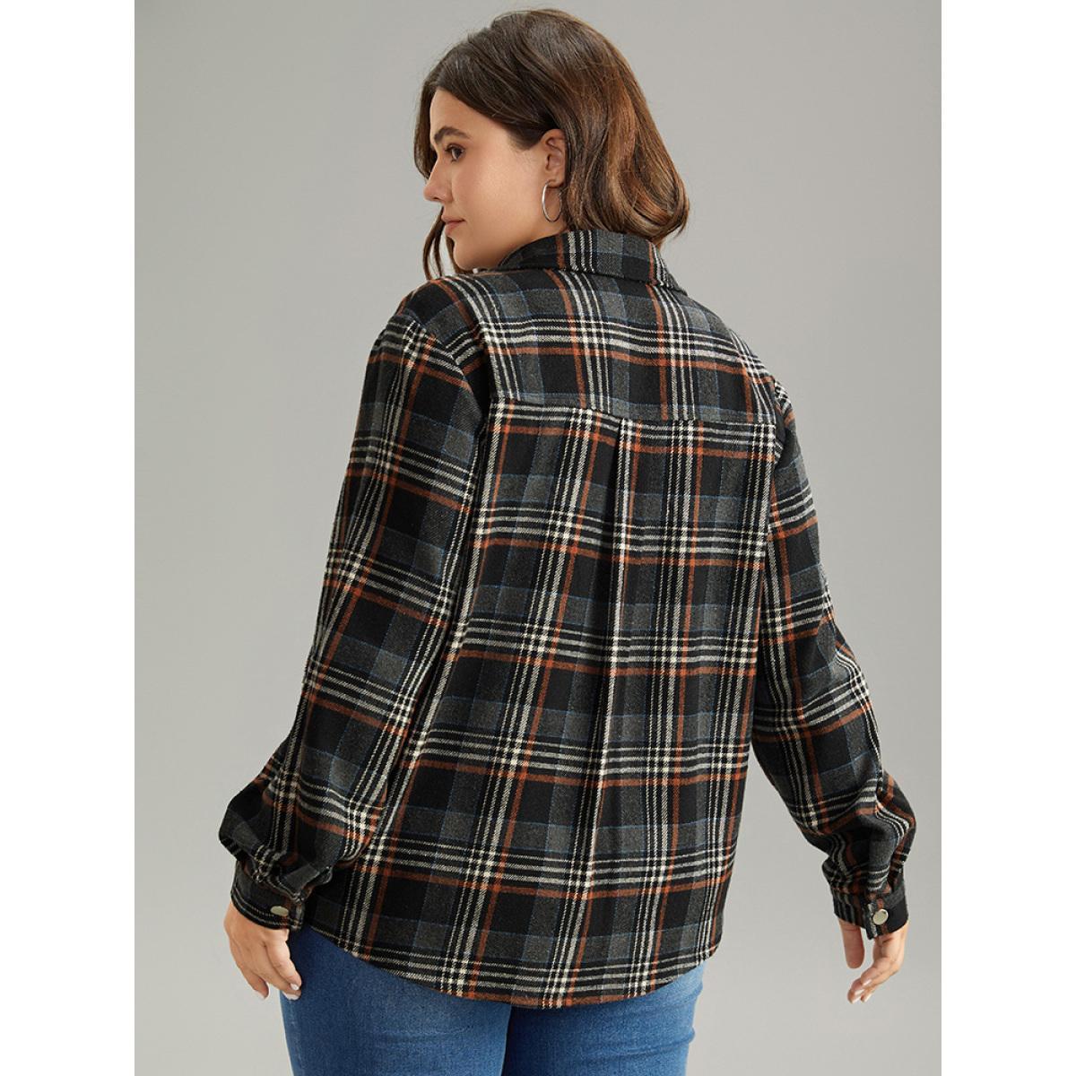 Plus Size Plaid Button Fly Flap Pocket Shacket Women Black Contrast Pocket Dailywear Jackets BloomChic 12/L Product Image