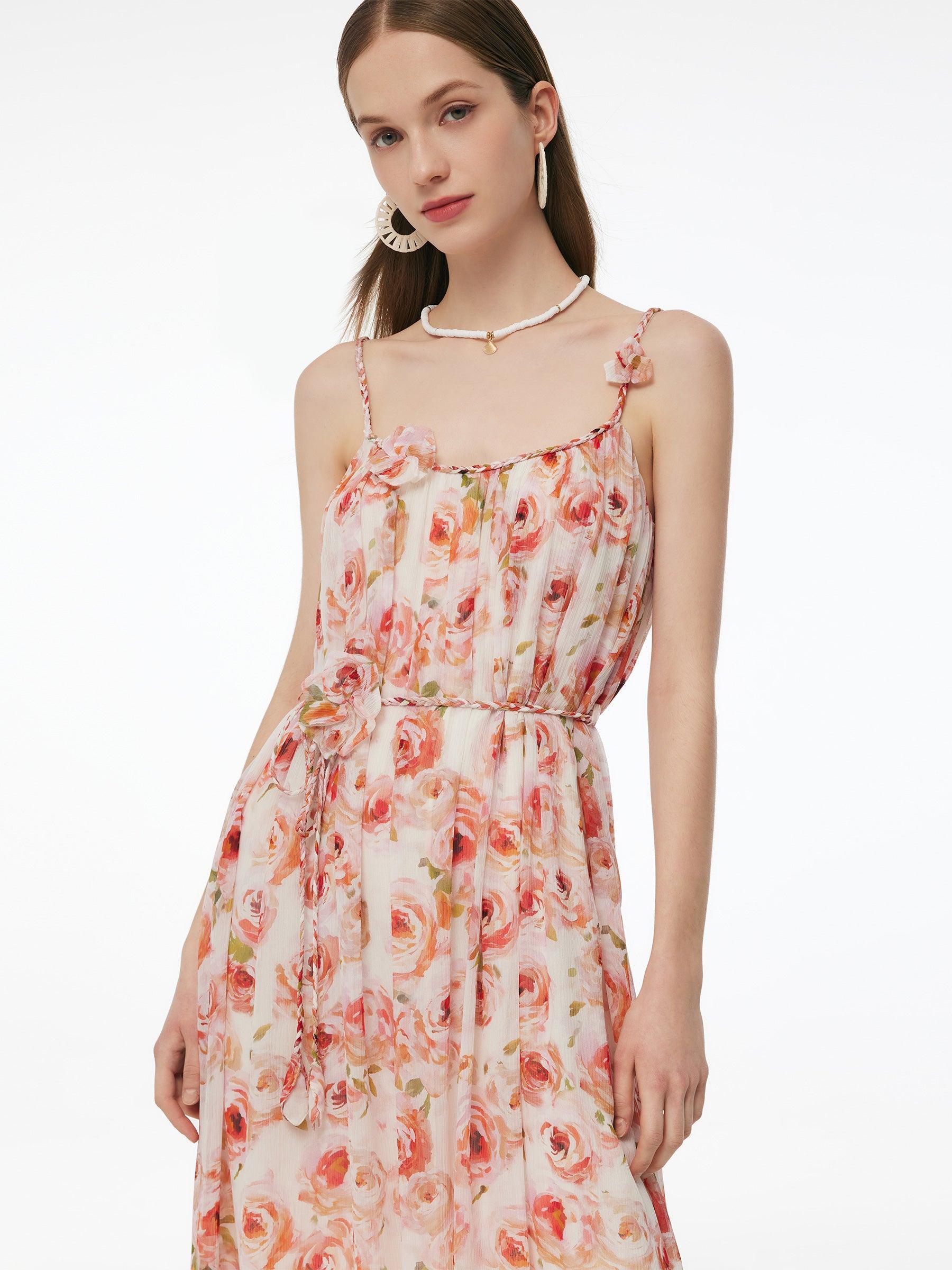 10MM Mulberry Silk Rose Print Women Strap Maxi Dress Product Image