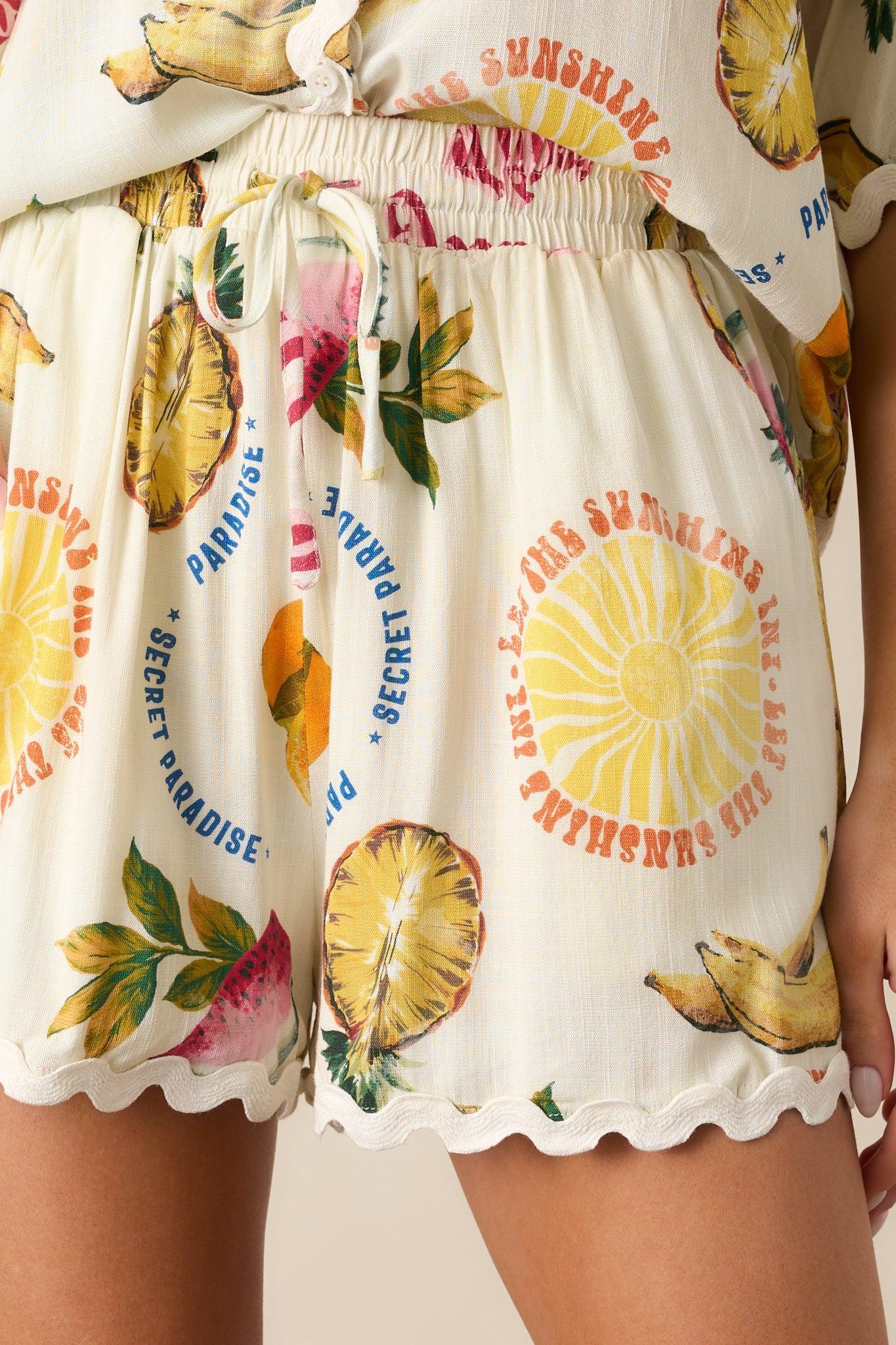 Sunlit Shores Ivory Tropical Fruit Print Shorts Product Image