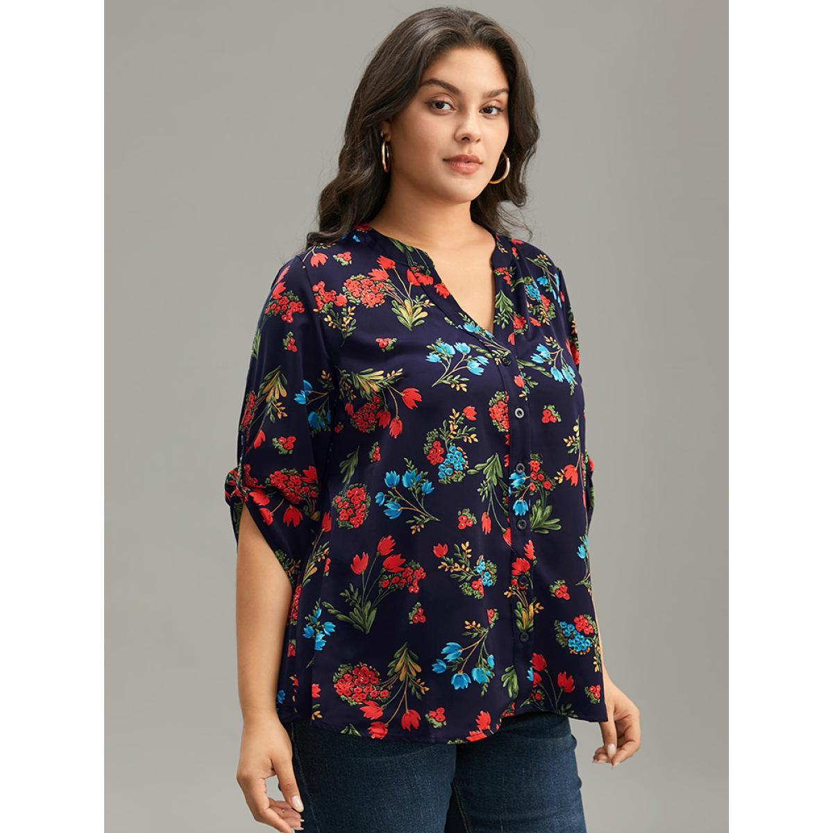 Plus Size Indigo Floral Print Notched Tab Sleeve Blouse Women Elegant Long Sleeve V-neck Dailywear Blouses BloomChic 30/6X Product Image
