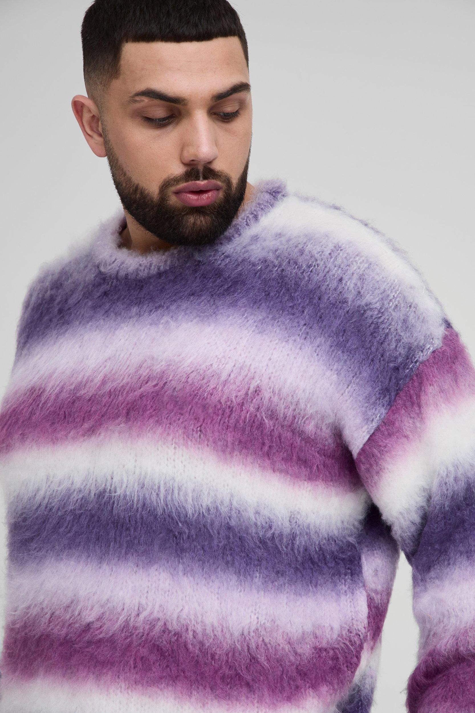Plus Oversized Boxy Brushed Stripe Knitted Sweater | boohooMAN USA Product Image