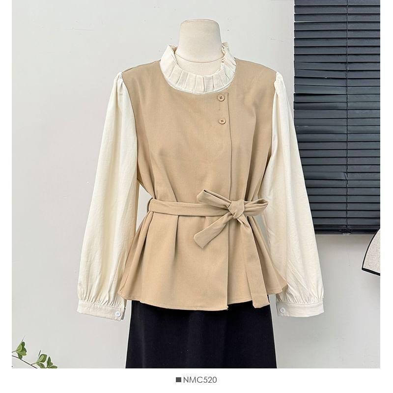 Colorblock Mock Two-Piece Loose Blouse with Sash Product Image