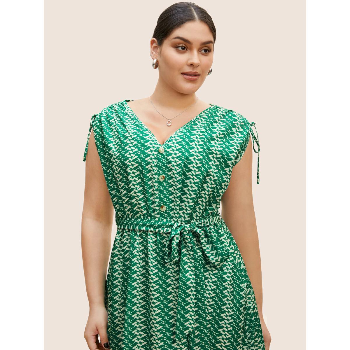 Plus Size Geometric Drawstring Cap Sleeve Midi Dress Malachitegreen Women At the Office Belted V-neck Cap Sleeve Curvy BloomChic 26/4X Product Image