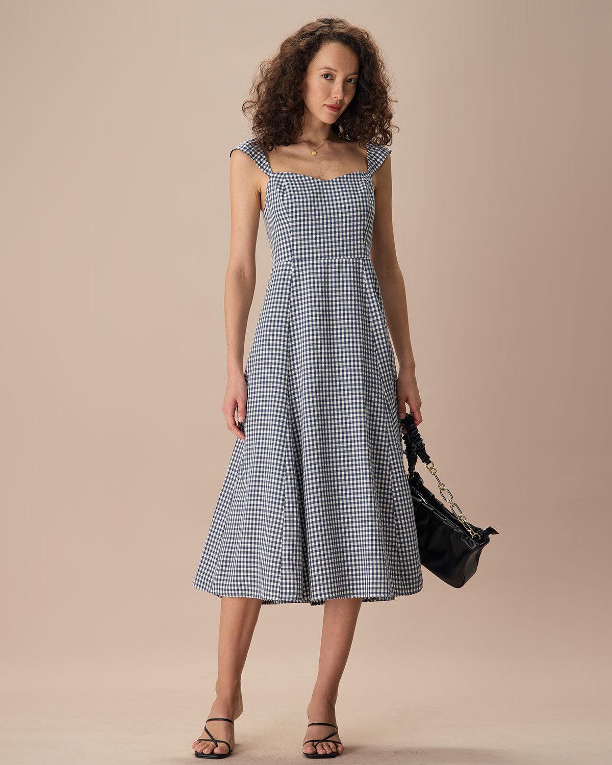 The Navy Plaid Shirred Back Midi Dress Product Image