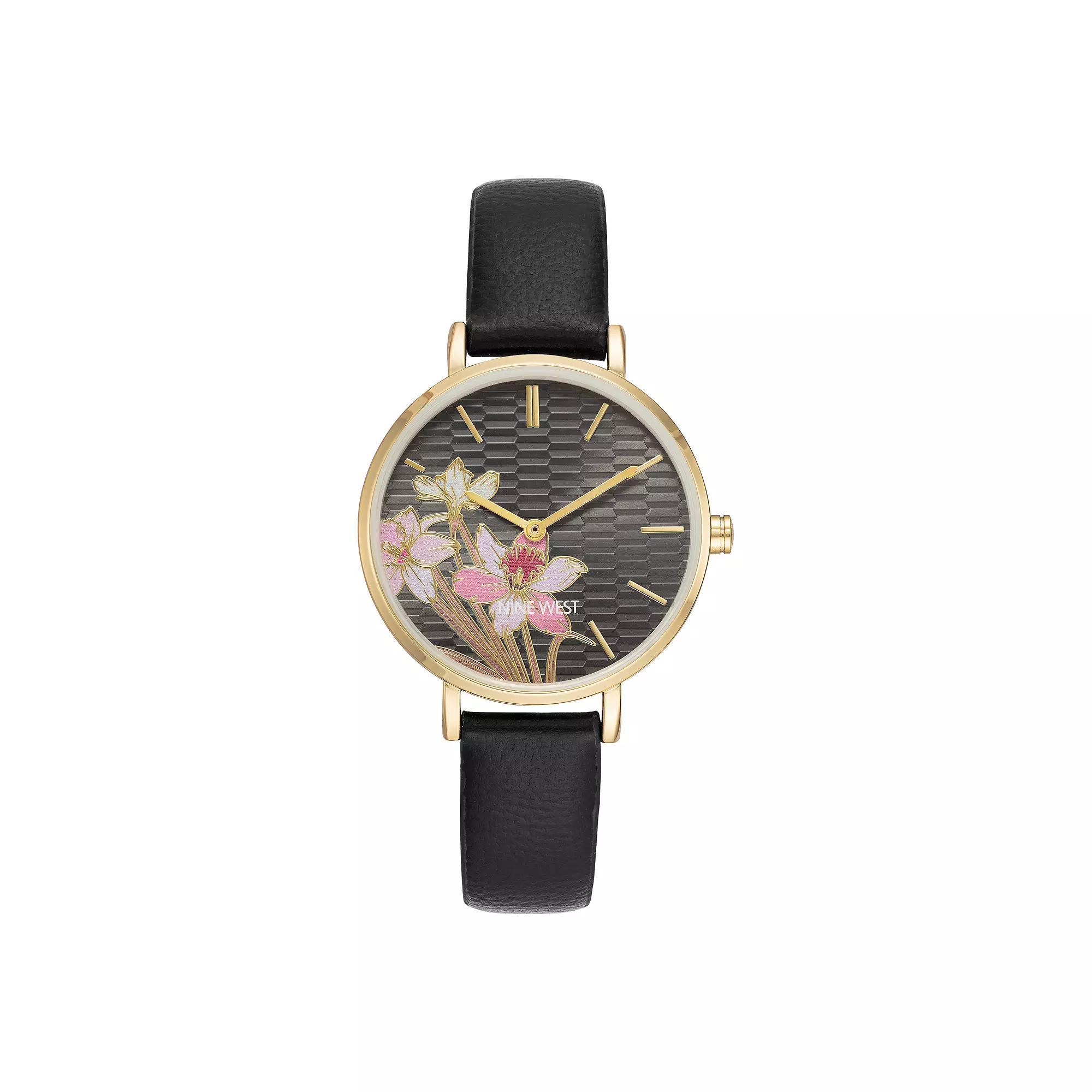 Nine West Women's Flower Dial Black Strap Watch Product Image