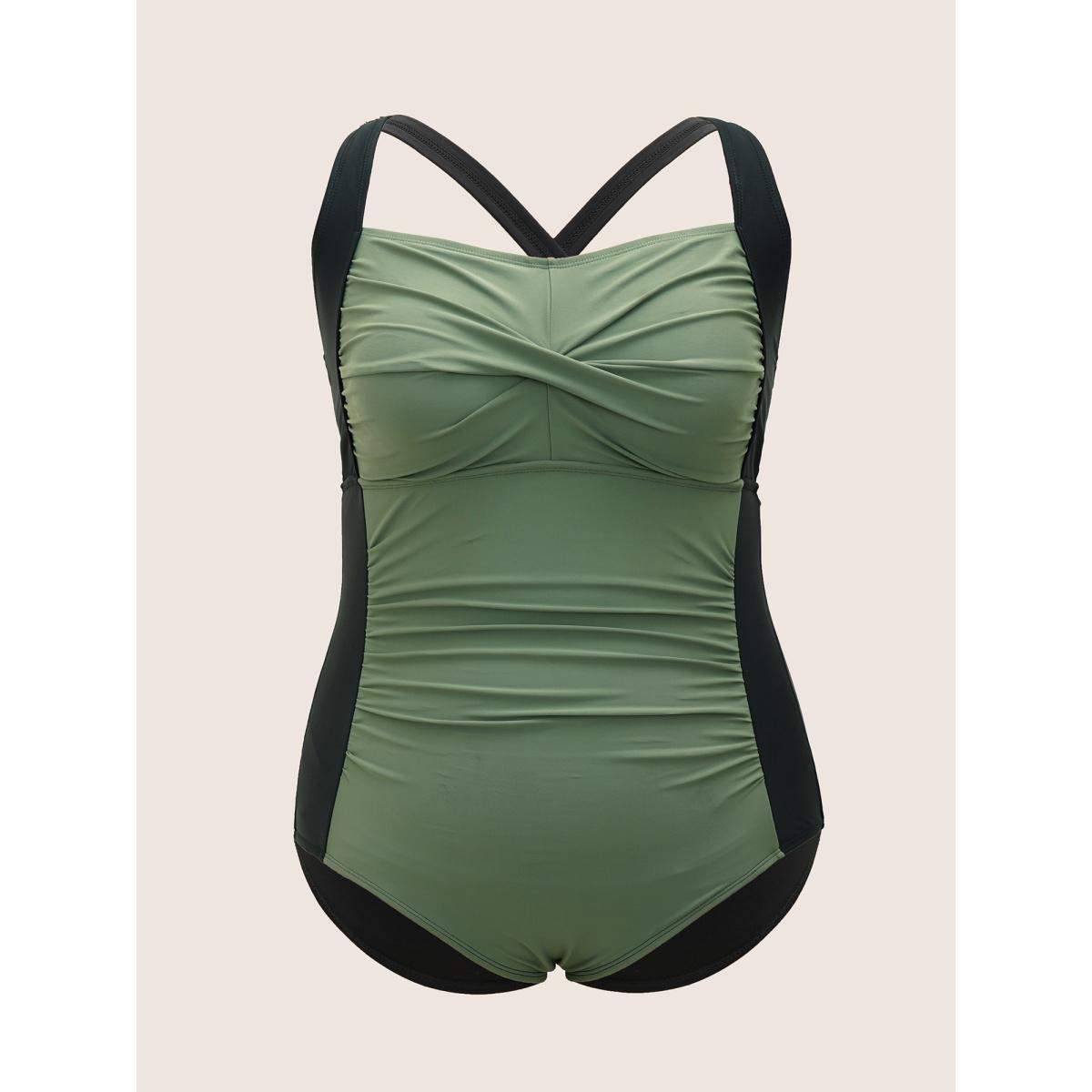 Plus Size Contrast Patchwork Twist Front One Piece Swimsuit Women's Swimwear ArmyGreen Beach Twist Curve Bathing Suits High stretch One Pieces BloomChic 18-20/2X Product Image