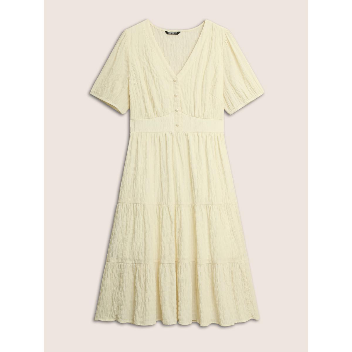 Plus Size V Neck Solid Textured Button Detail Dress Apricot Women Elegant Button V-neck Short sleeve Curvy BloomChic 10/M Product Image