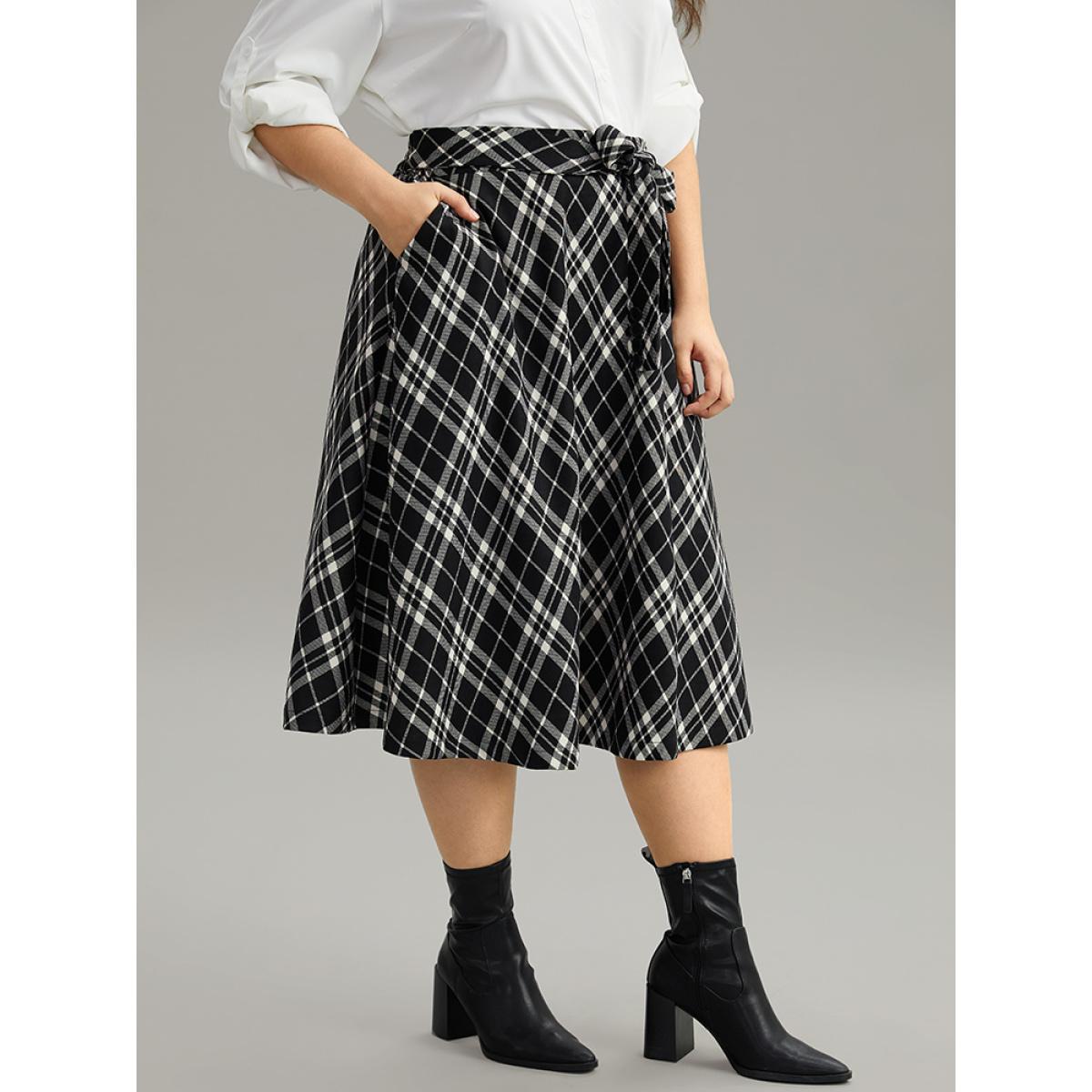 Plus Size Plaid Elastic Waist Knot Ties Skirt Women Black Office Cross straps No stretch Pocket Work Skirts BloomChic 28/5X Product Image