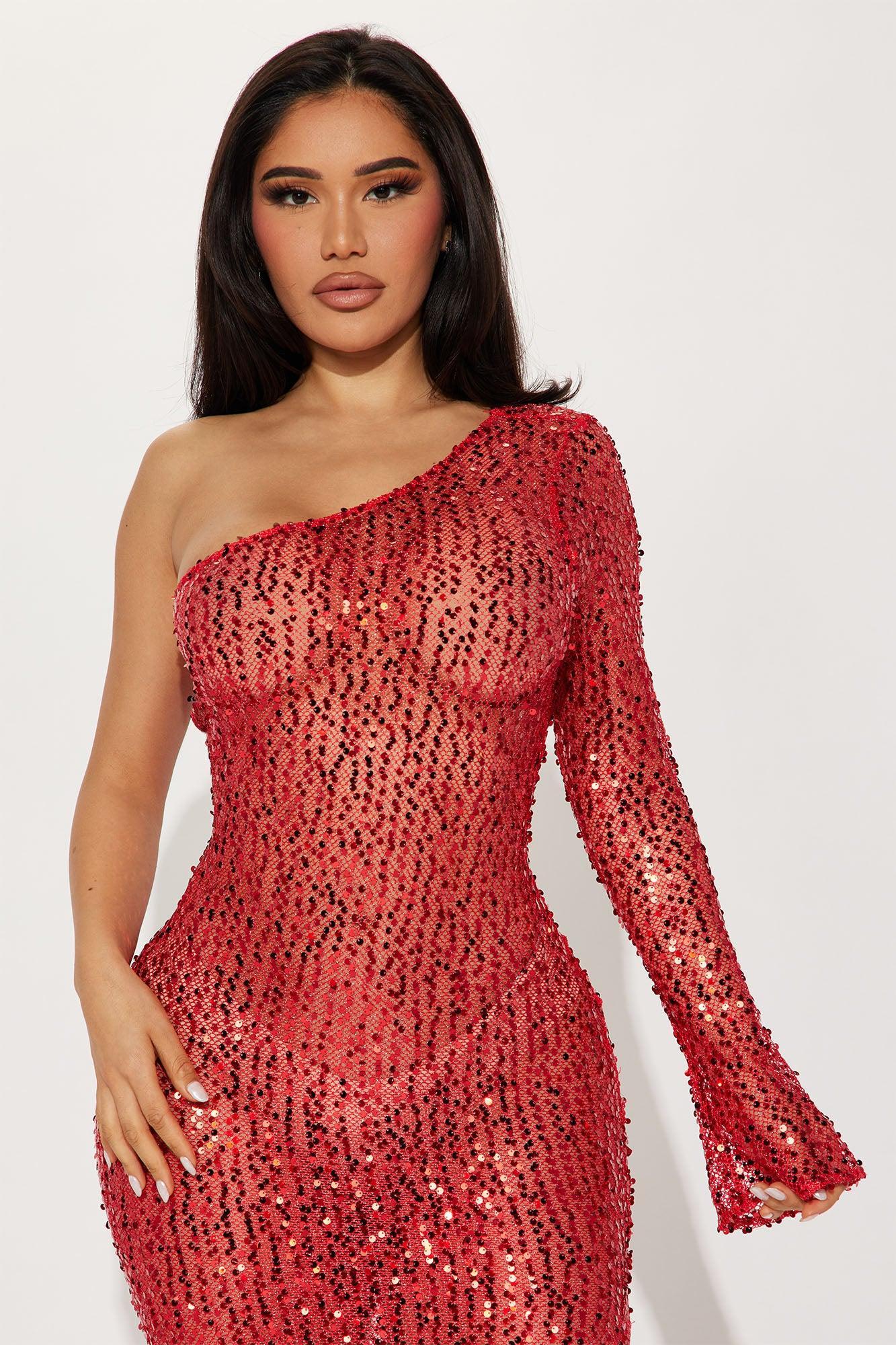 Belle Sequin Crochet Maxi Dress - Red Product Image