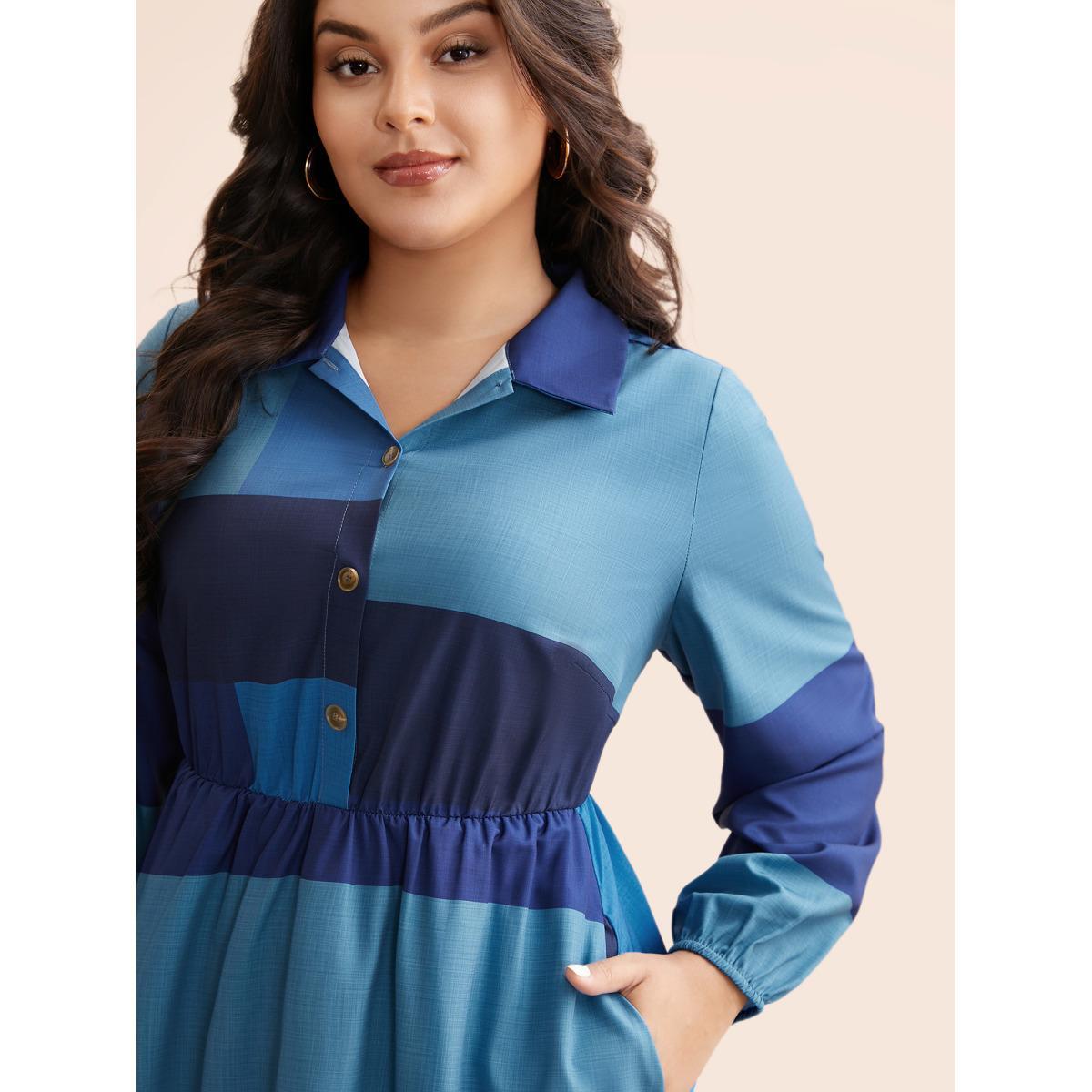 Plus Size Shirt Collar Colorblock Contrast Midi Dress DarkBlue Women Elegant Contrast Shirt collar Long Sleeve Curvy BloomChic 30/6X Product Image